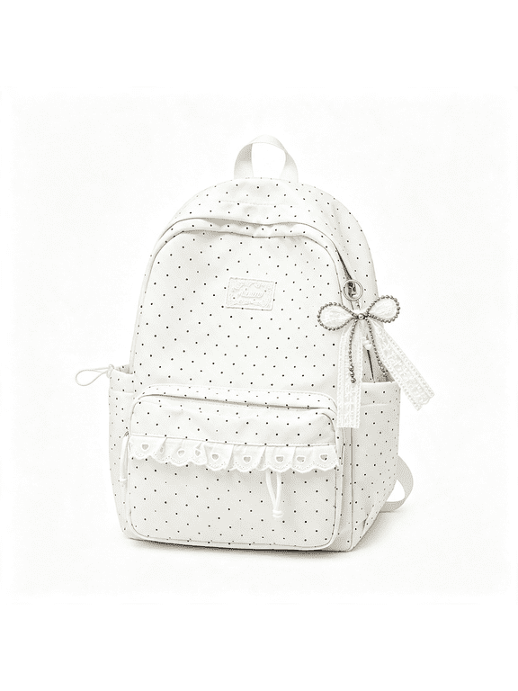 Cute Lace Backpack Coquette Aesthetic Backpack Large Laptop Daypack Supplie with Bow Accessories Lace Bow Accessories Polka Dot Backpack (White Polka Dot)