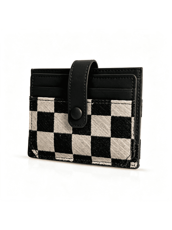 Cute Slim Card Holder Canvas Front Pocket Checkered Wallet,Small Credit Card Case for Women (Versatile Card Wallets for Women Black)