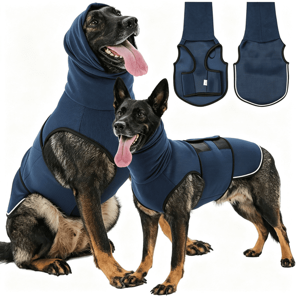 GASTROPOD Dog Anxiety Vest with Hood, Skin-Friendly Thunder Jacket for Dogs, All-In-One Dog Calming Shirt with Hood for Thunder, Fireworks, Separation - Keep Pet Calm without Medicine, Dark Blue, Xl