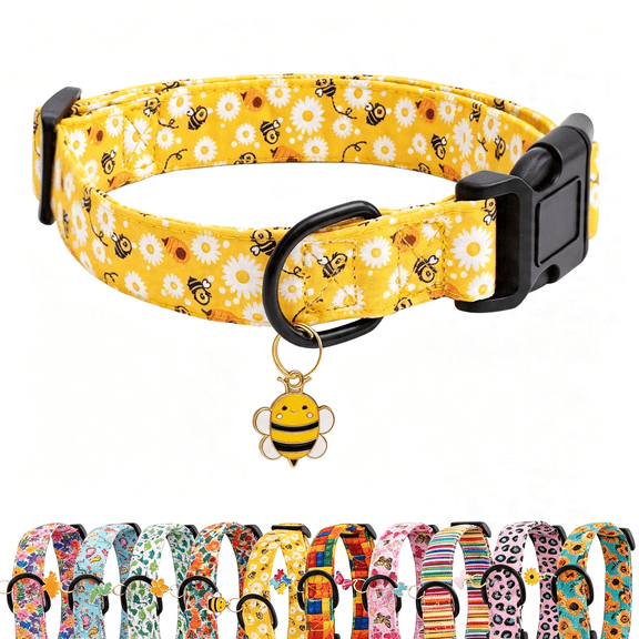 GASTROPOD Dog Collar for Small Medium Large Dogs Yellow Puppy Collars for Female Dogs Floral Bee Daisy Patterned Pet Collars for Summer Spring Wedding Puppy Girl Dog Collar Xs