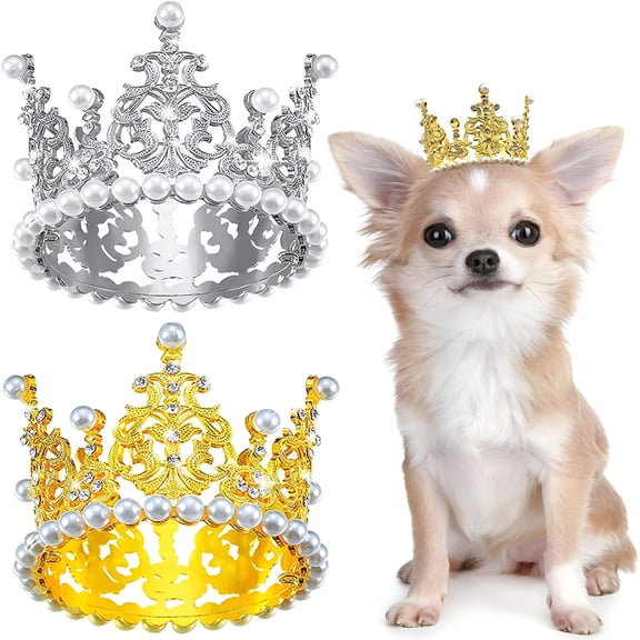 GASTROPOD Dog Crown Headband Puppies Cat Hat for Birthday Party Rhinestone Faux Pearl Crown for Pets Costume-S
