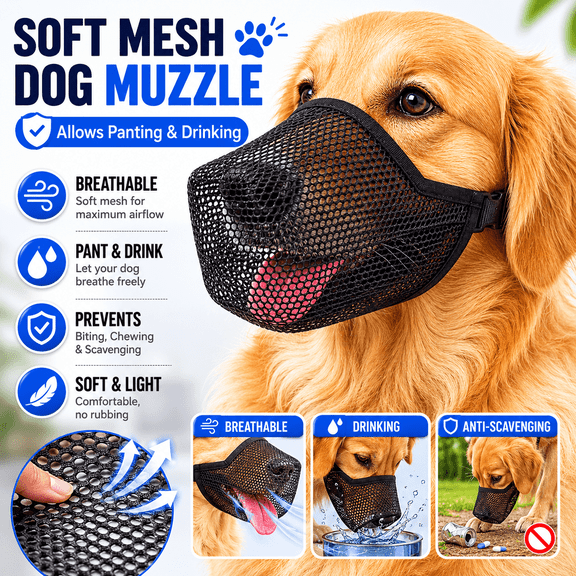 GASTROPOD Dog Muzzle, Patented Soft Mesh Muzzle for Small Medium Large Dogs for Scavenging Biting Licking and Chewing, Allows to Pant and Drink (Black) Muzzle for Large Sized Dog