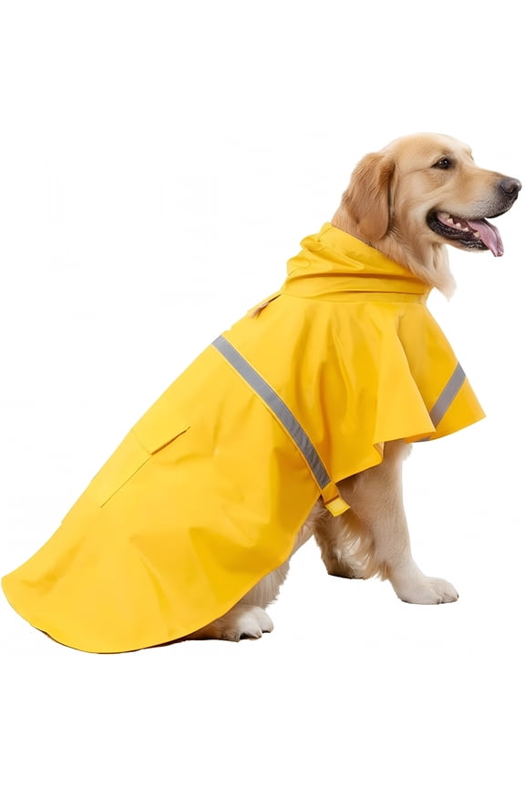 Dog Raincoat with Reflective Strips, Yellow Poncho Jacket with Hood and Back Pocket for Large Dogs, Waterproof Pet Gear
