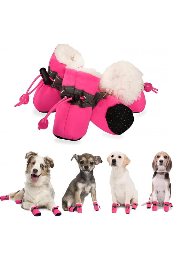 Dog Shoes for Winter, Dog Boots & Paw Protectors, Fleece Warm Snow Booties for Puppy with Reflective Strip Anti-Slip Rubber Sole for Small Medium Size Dogs, Size 7: 2.3"x1.9" (L*W), Pink