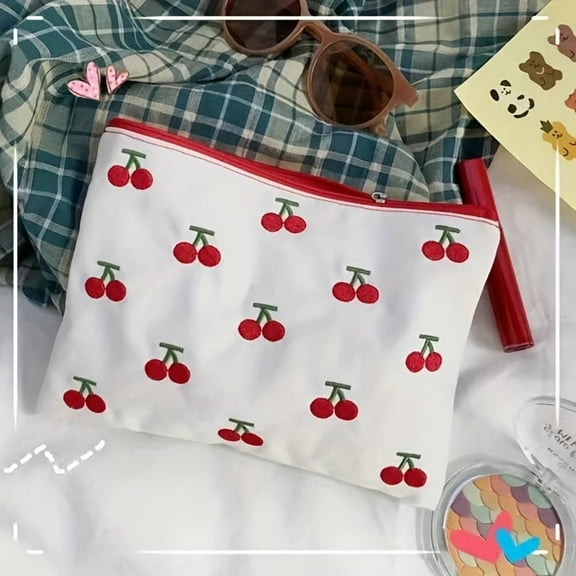 GASTROPOD Embroidered Cherry Makeup Bag, Travel Zipper Cosmetic Pouch, Toiletry Organizer For Women And Girls
