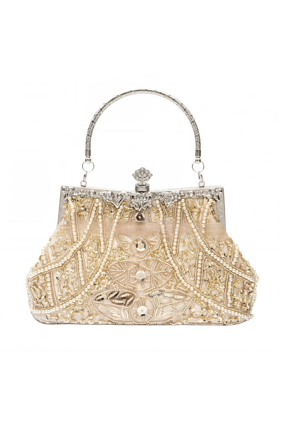 Evening Bag,Beads and Rhinestones Clutch Purse,Sequins and Satin Ladies Purses,Champagne