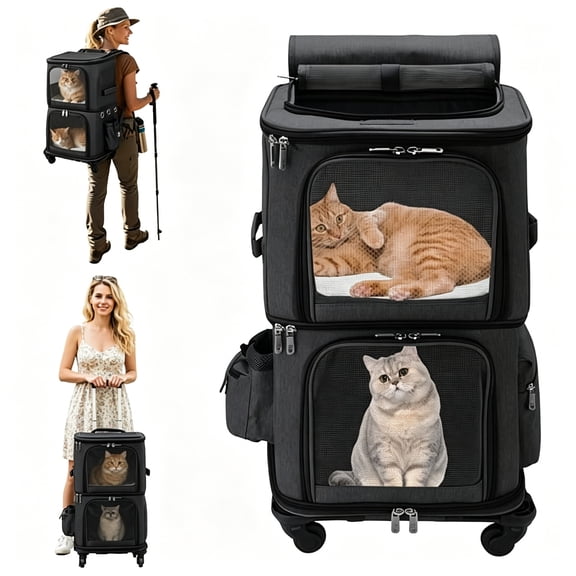 GASTROPOD Extra Large Double-Compartment Pet Carrier Backpack with Wheels for Small Dogs and Cats,Cat Rolling Carrier for 2 Cats,Perfect for Traveling/Taking a Walk/Trips to the Vet,Black