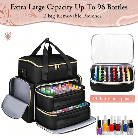 GASTROPOD Extra Large Nail Polish Organizer Case Holds 96 to 100+ Bottles 15Ml/0.5 Fl.Oz Uv Lamp Gel Polish Travel Case Bag 2 Removable Pouches Fits Nail Supplies Manicurist Nail Tech Gifts