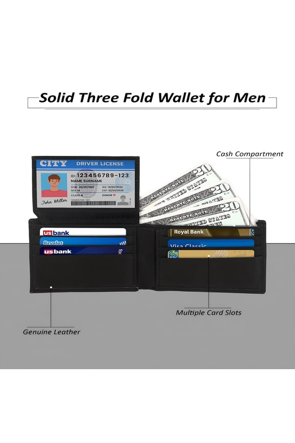 Genuine Leather Minimalist Bifold Wallets For Men RFID Blocking Slim Mens Wallet, Black