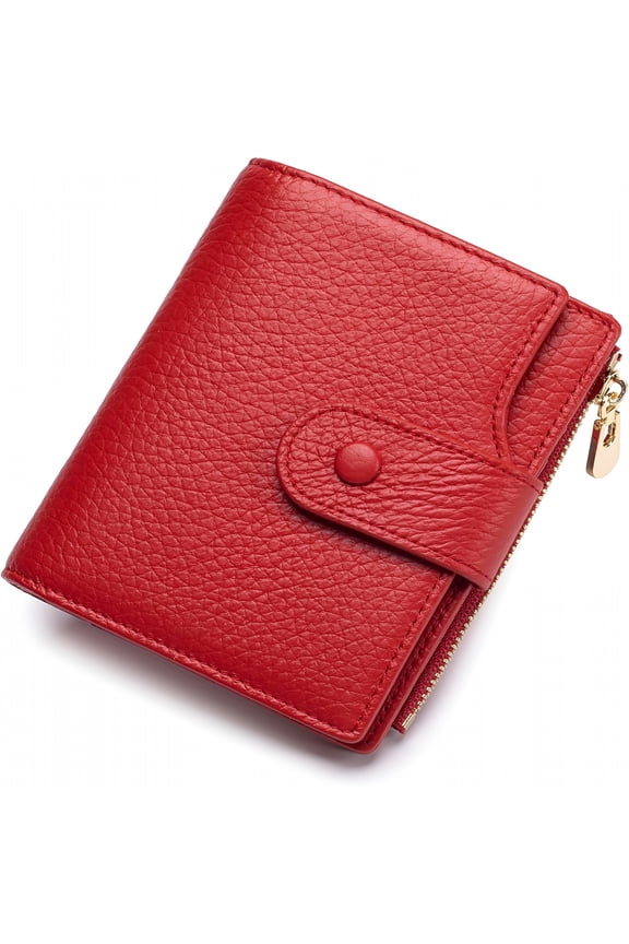 Genuine Leather Wallets for Women RFID Blocking Bifold with Zipper Pocket,2 ID Windows,18 Card Slots,Red