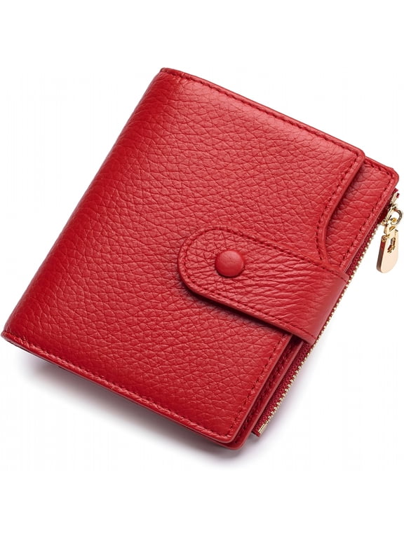 Genuine Leather Wallets for Women RFID Blocking Bifold with Zipper Pocket,2 ID Windows,18 Card Slots,Red