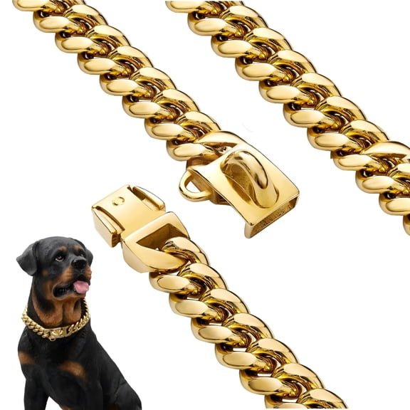 GASTROPOD Gold Dog Collar 18K Gold Chain Dog Collar Strong Heavy Duty Chew Proof Cuban Link Dog Collar Metal Walking Collar for Small Medium Large Dogs