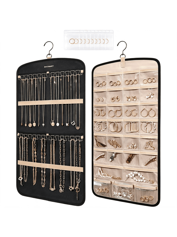 Hanging Jewelry Organizer,Necklace Holder Anti Earrings Rings Hanger with 10 Jewelry Bags Travel Storage Roll with Pockets Hang on Closet,Wall,Door,1 Piece,Small,Black | Anti