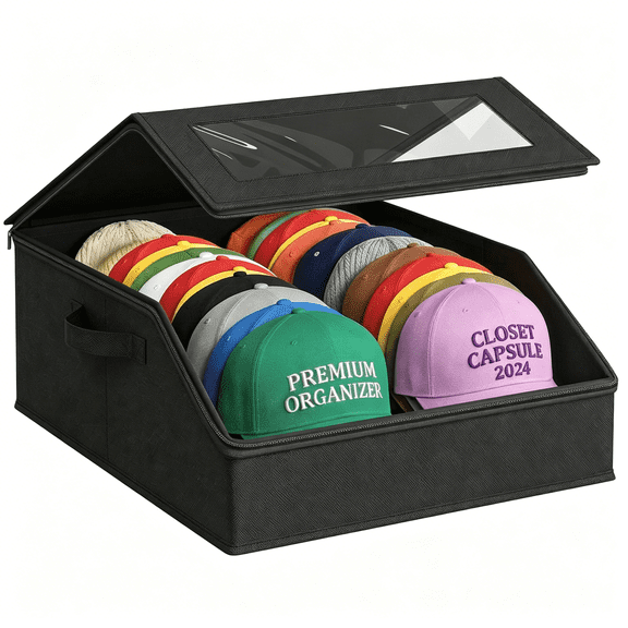 GASTROPOD Hat Storage for Baseball Caps,Holds Up to 24 Caps,Stackable Hat Organizer for Closet,Dustproof Hat Box with Clear Window,Hollow Board Support&2 Handles,Flip-Top Access(Black)
