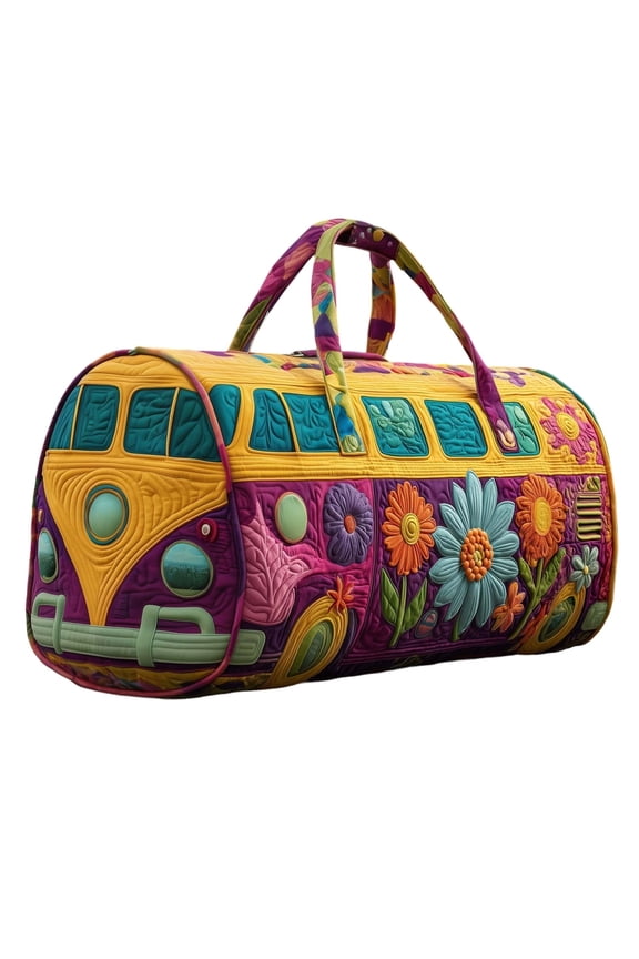 Hippie Van Quilted Duffle Bag,Boho Travel Weekender Bag with Adjustable Strap,Retro Bus Style for Everyday Travel(18*9*9Inch)Weekender Bag