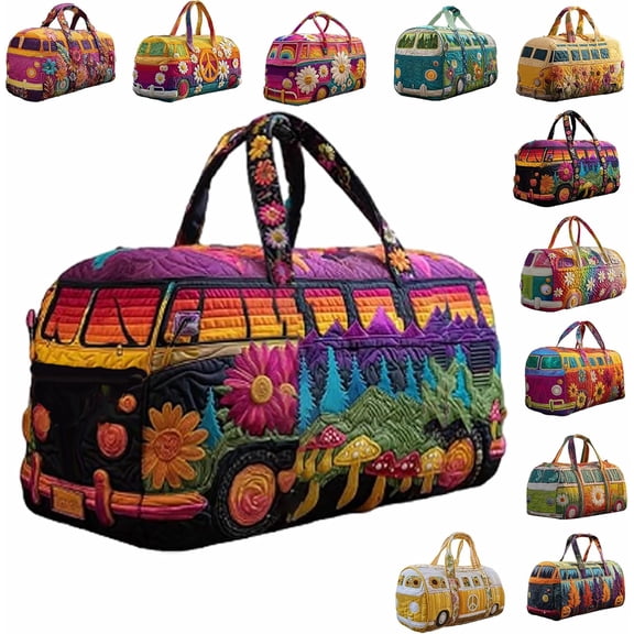 GASTROPOD Hippie Van Quilted Duffle Bag,Boho Travel Weekender Bag with Strap,Retro Style for Everyday Travel hippie bus weekender bag