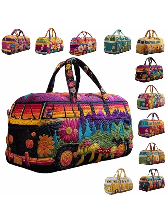 Hippie Van Quilted Duffle Bag,Boho Travel Weekender Bag with Strap,Retro Style for Everyday Travel hippie bus weekender bag
