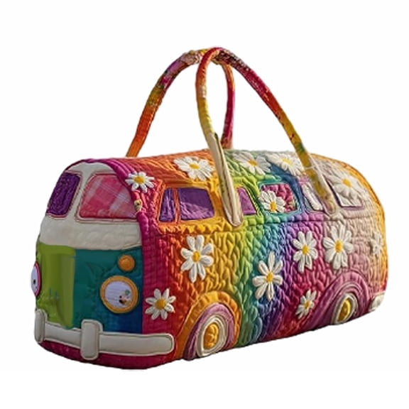 GASTROPOD Hippie Van Quilted Duffle Bag, Unisex Boho Quilted Weekender Bag, Hippie Journey Travel Duffle, Vintage Floral Luggage for Gym, Yoga & Carry-On (S-5, 16" L x 8" W x 8" H)