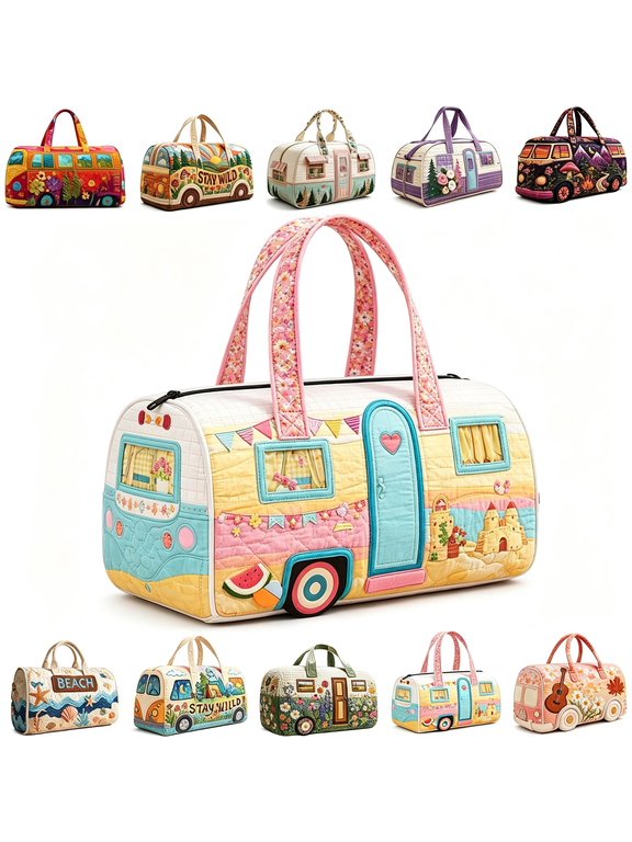 Hippie Van Quilted Duffle Bag, Vintage Floral Boho Travel Weekender Bag with Strap for Daily Use & Travel Hippie Bus Weekender Bag (9, Large (18"X9"X9"))
