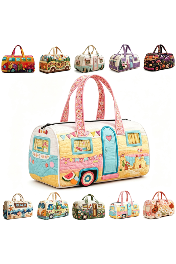 Hippie Van Quilted Duffle Bag, Vintage Floral Boho Travel Weekender Bag with Strap for Daily Use & Travel Hippie Bus Weekender Bag (9, Large (18"X9"X9"))