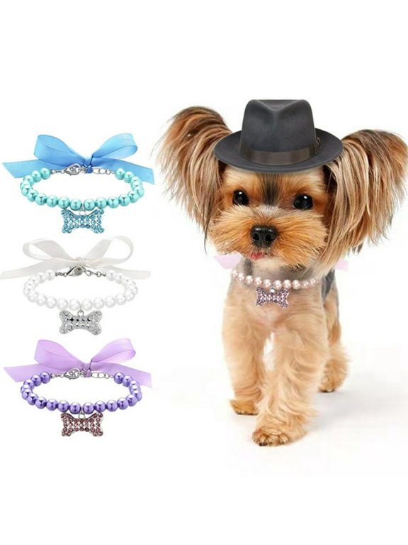 Imitation Pearl Pet Necklace with Rhinestone Heart for Small Dogs and Cats,Cute Bow Jewelry Neck Chain Accessory for Party,Whitem