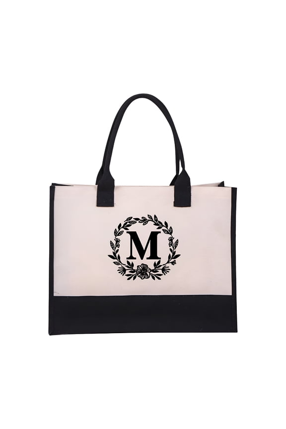 Initial Printed Canvas Tote Bag, Personalized Shoulder Handbag with Inner Zipper Pocket, Open Beach Bag for Vacation, Present Bag for Wedding, Birthday, Holiday