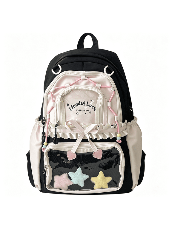Kawaii Ita Backpack-Cute Backpack Coquette Aesthetic Backpcs Y2K Daypack with Clear Pockets with Clear Pockets,Adorable Ita Backpack(Black)