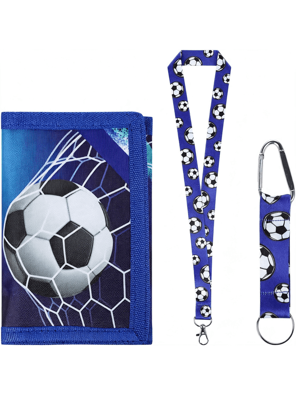 Kids Soccer Trifold Canvas Wallet with Detachable Lanyard and Keychain,Football Print Coin Card Holder with Id Card Slot&Coin Pocket,Football Themed Gift for Boys Birthday Christmas