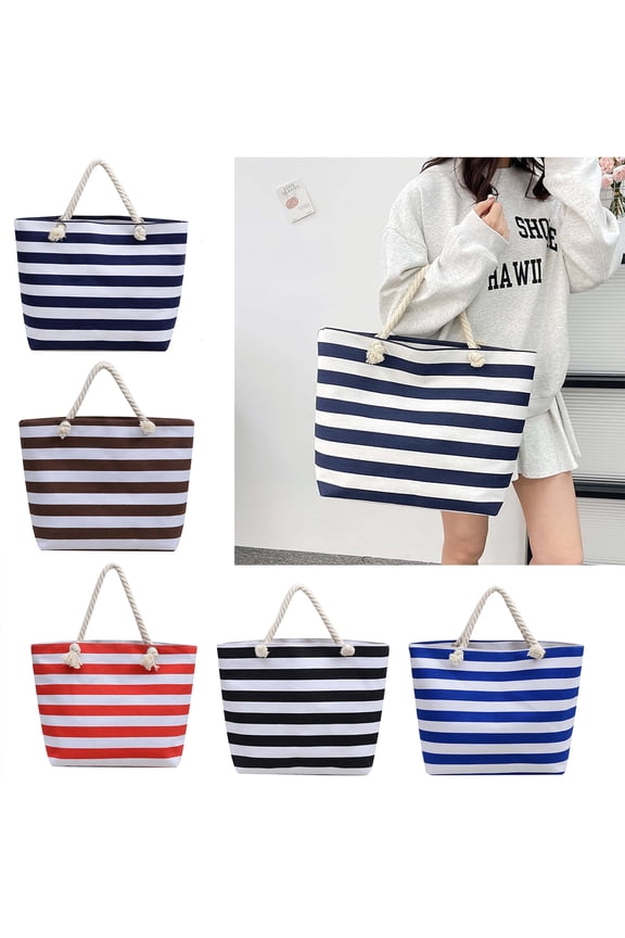 Large Canvas Beach Bag Brown and White Striped Boho Tote with Zipper & Rope Handles,Sandproof Spacious Pool & Swim Bag,Travel Essentials for Vacation Or Cruise