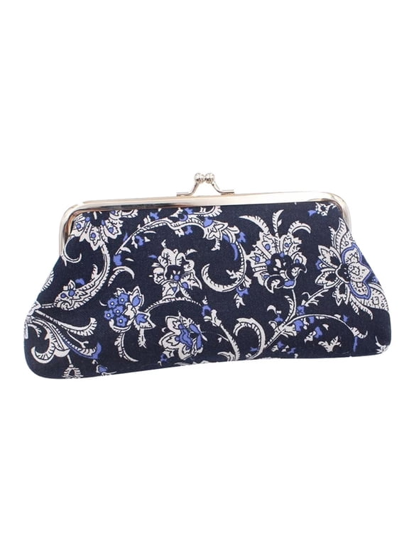 Large Floral Coin Purses Canvas Cash Wallet Make up Bag Vintage Kiss Lock Clutch Change Pouch Blue