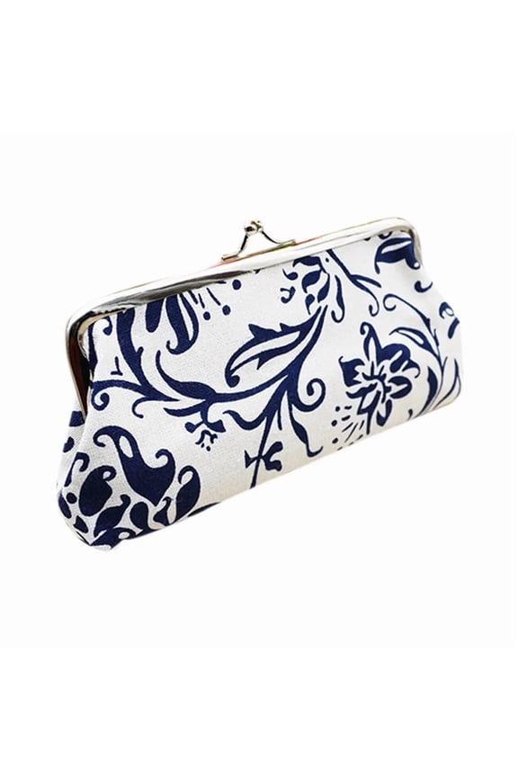 Large Floral Coin Purses Canvas Cash Wallet Make up Bag Vintage Kiss Lock Clutch Change Pouch White