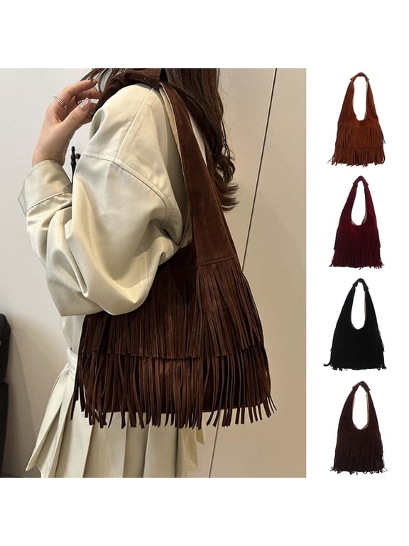 Large Tassel Suede Bags for Women Boho Shoulder Bag Woven Purse Designer Beach Bag for Autumn Holiday Work Bag