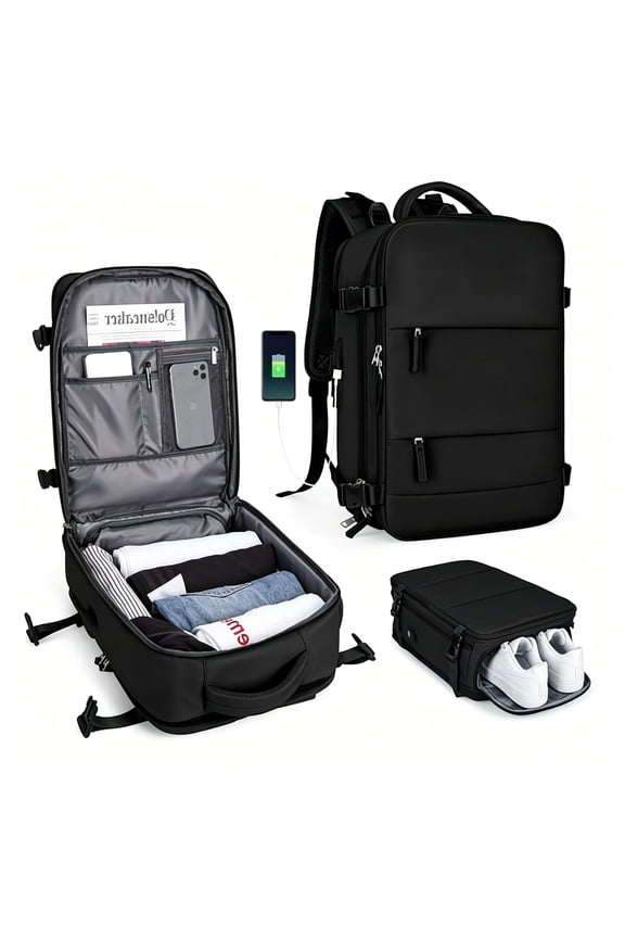 Large Travel Backpack for Women Men,Carry on Backpack Flight Approved,Personal Item Travel Bag Waterproof Luggage Backpack Small Laptop Backpack Black