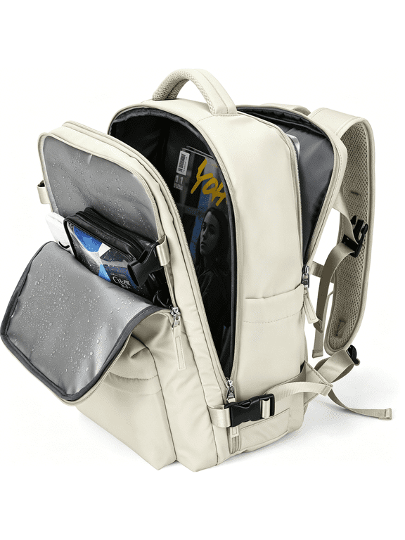 Large Travel Gym Backpack, Carry on Flight Approved, Hiking Waterproof Rucksack Daypack Laptop Bag with Shoe Compartment, Personal Item Weekender Bag Beige