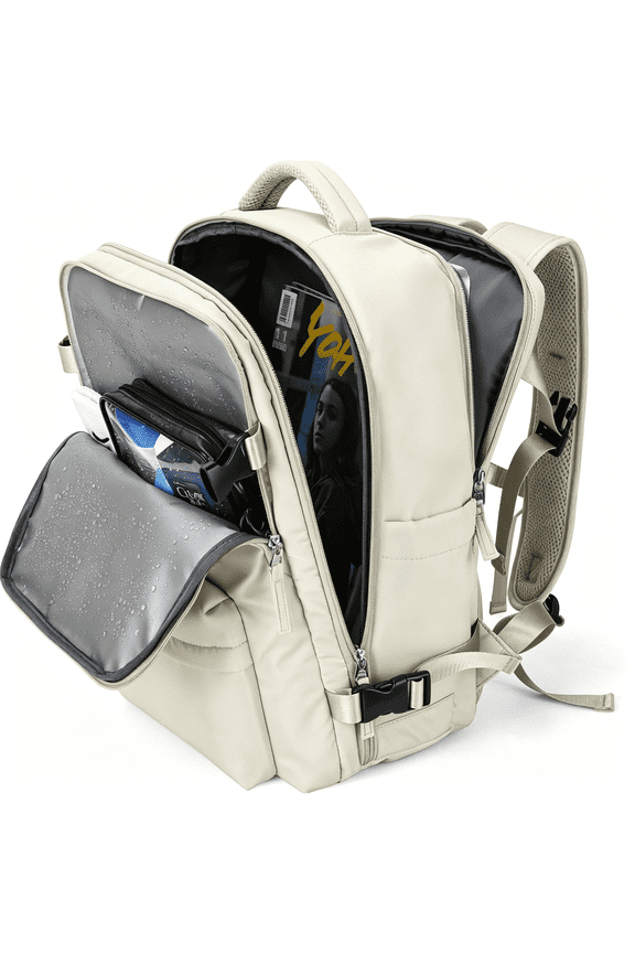Large Travel Gym Backpack, Carry on Flight Approved, Hiking Waterproof Rucksack Daypack Laptop Bag with Shoe Compartment, Personal Item Weekender Bag Beige