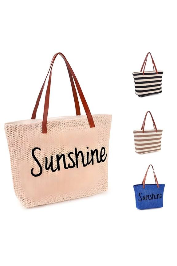 Large Women Straw Beach Bag, Waterproof Sandproof Handmade Woven Stripe Tote Bags Stitchwork with Zipper for Travel Vacation Picnic Summer Pool Essentials Shoulder Crossbody Handbag Gifts