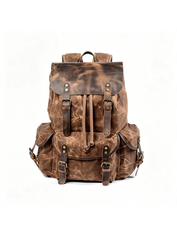 Leather Backpack for Men, Waxed Canvas Shoulder Rucksack Carry-On Travel Backpack Rucksack