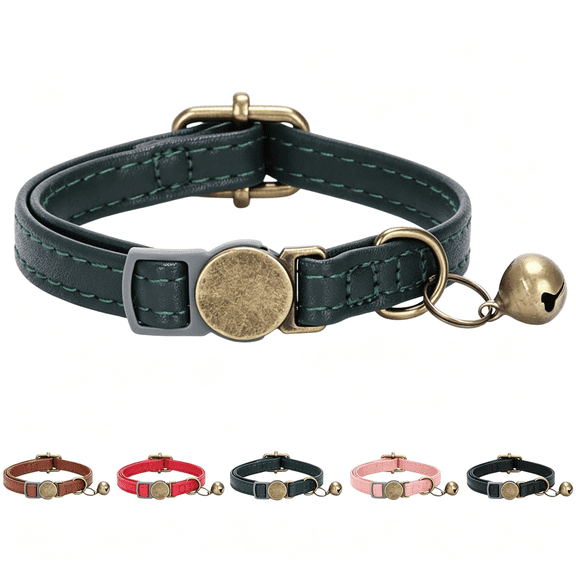 GASTROPOD Leather Cat Collar with Bell Breakaway- Adjustable, Durable, Retro Bell Fit Most Cats and Kittens (Dark Green) Leather Leather Cat Collar