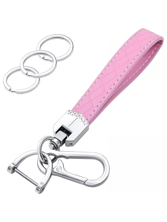 Leather Wristlet Keychain, Car Key Chain Wrist Keychain with 3 Key Ring and Anti-Lost D Ring (Pink Silver)