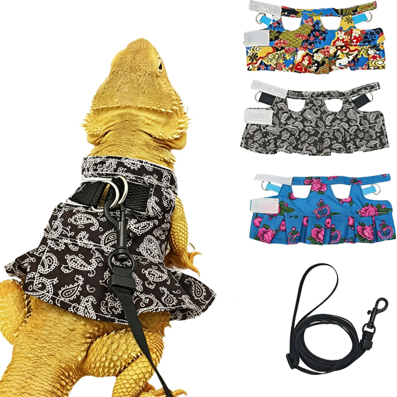 GASTROPOD Lizard Harness Dress and Leash,Adjustable Hamster Ferret Harness and Leash Set,No-Pull Walking Vest for Lizard Small Animal Gecko Chameleon (Black M Bearded Dragon Harness