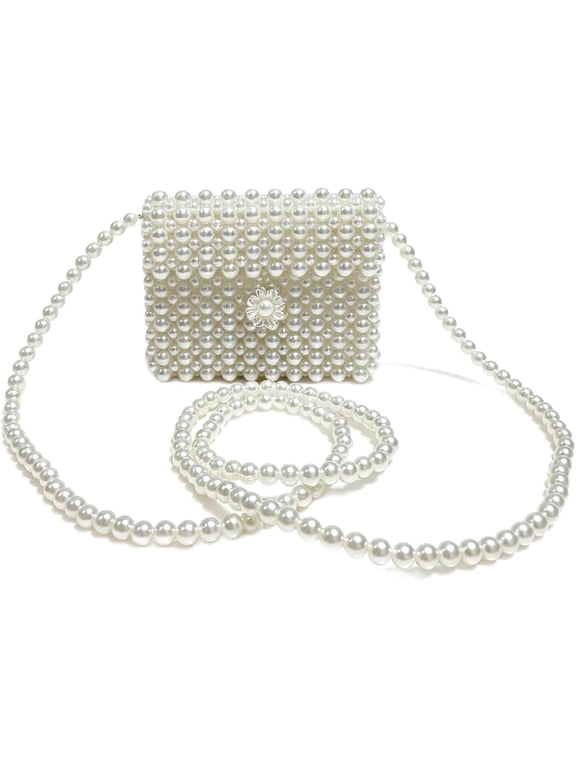 Luxury Women'S White Pearl Clutch Bag, Artificial Pearl Beaded Chain Bag Purse Handmade Evening Bags for Party Wedding Bridal Party Travel Prom 4.3X4.3 in