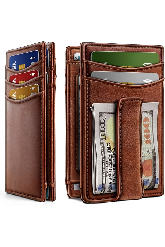 Magnetic Closure Slim Wallet Genuine Leather Front Pocket Wallet for Men,Rfid Blocking,Holds 12 Cards and Money Clip