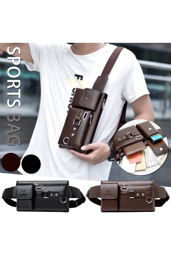 Men'S Leather Sling Bag, Vintage Leather Waist Bag Leather Bum Bag, Chest Shoulder Backpack, Water Waterproof Crossbody Bag