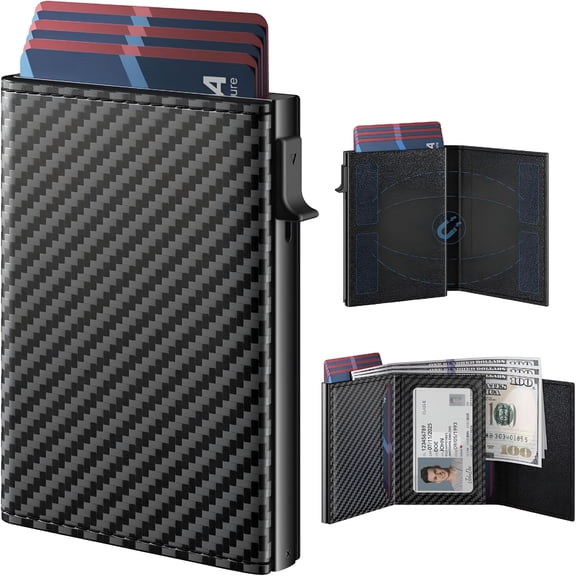 GASTROPOD Mens Wallet Card Holder: Pop Up Aluminum Case,Genuine Leather,Smart,RFID Blocking,Slim,Minimalist,Front Pocket - 9-14 Card Capacity | ID Window | Cash Slot (Carbon Fiber)