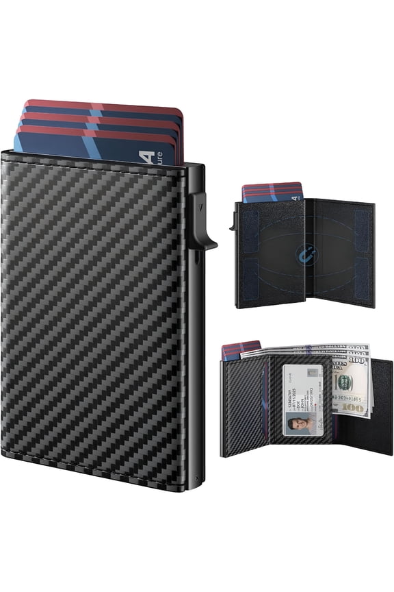 Mens Wallet Card Holder: Pop Up Aluminum Case,Genuine Leather,Smart,RFID Blocking,Slim,Minimalist,Front Pocket - 9-14 Card Capacity | ID Window | Cash Slot (Carbon Fiber)