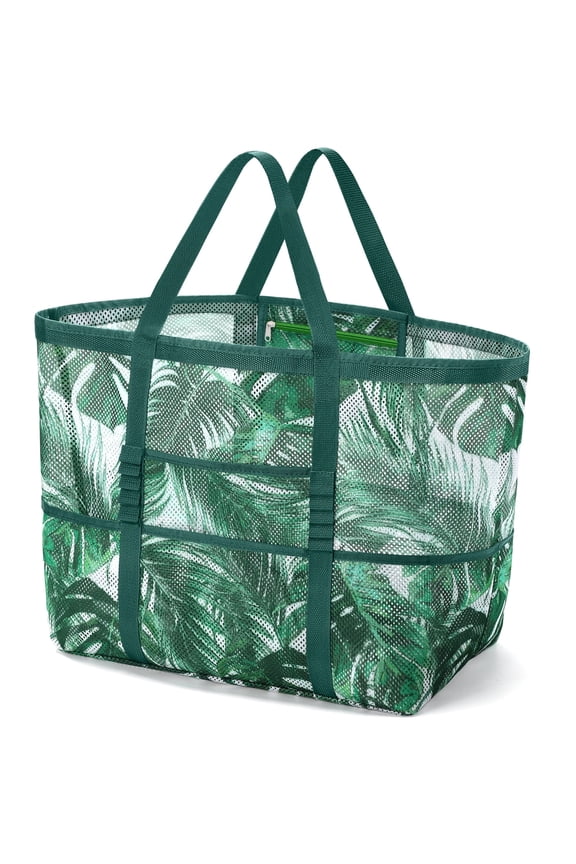 Mesh Beach Bag with Rope Handles, Oversized Tote for Women with 9 Pockets, Waterproof Sand-Free Pool Gym Bag (Green)
