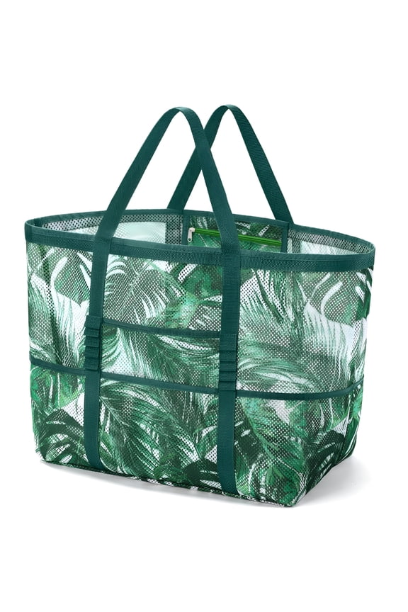 Mesh Beach Bag Rope Handles, Beach Bags Waterproof Sandproof, Mesh Tote Bag for Women Contains Wicker Oversized Beach Tote Bag with 9 Small Pockets (Green)