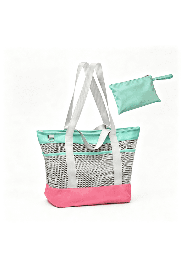 Mesh Beach Tote Bag for Women | 28L Capacity,Sand-Resistant Quick Dry,Zippered with 7 Pockets,Foldable,Pool Gym Travel Cruise Vacation Mesh Beach Bag with Zipper