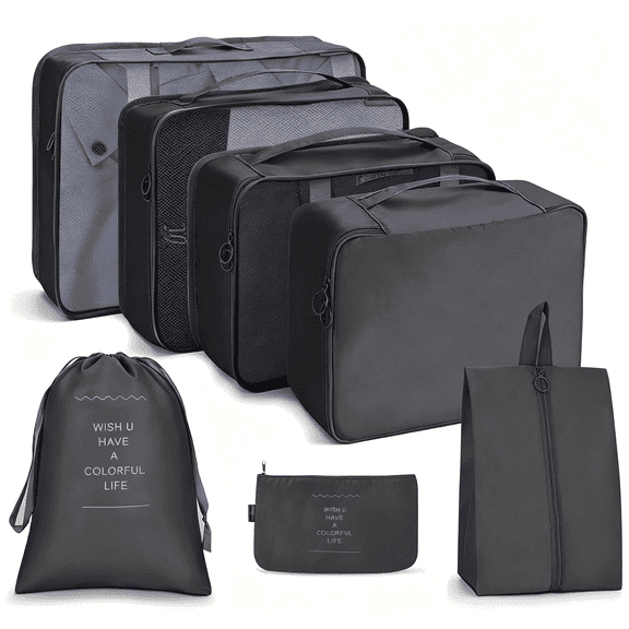 GASTROPOD Mesh Travel Packing Cubes 7 Pack Lightweight Luggage Organizers Black,Breathable Compression Storage for Suitcases