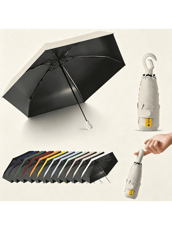 Mini Compact Folding Travel Umbrella with Carabiner Ring Handle,Fiberglass Ribs,Uv Protection,Upf 50+ Uv Sun Rain Protection,Lightweight Small,Handbag,Teflon Coating,Women Kids
